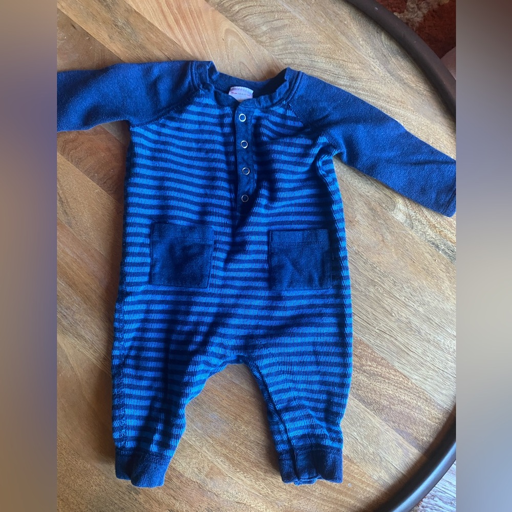 Hanna Andersson baby henley blue striped jumpsuit size 6-12